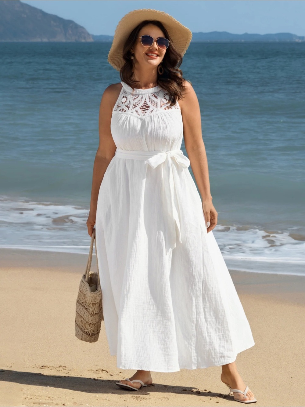 NWT BloomChic Cotton Sheer Lace Neckline Waist-Tie Maxi Dress Size 10 $45.90